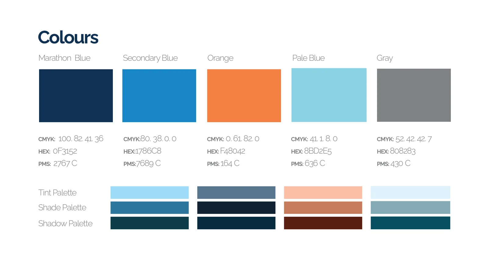 Marathon Mortgage colour palette with tint and shade variations