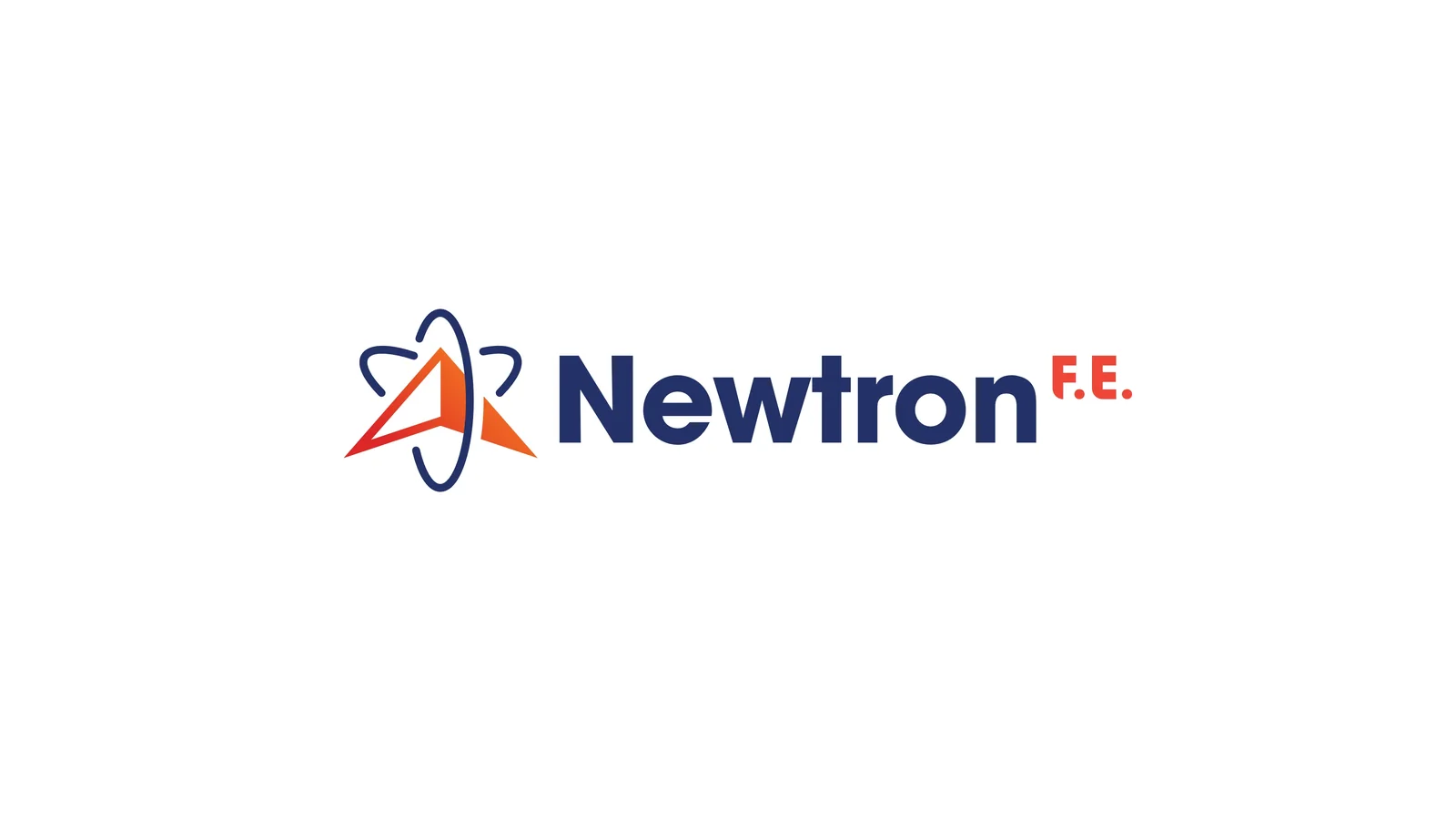 Newtron F.E. logo with atom-orbit symbol and wordmark