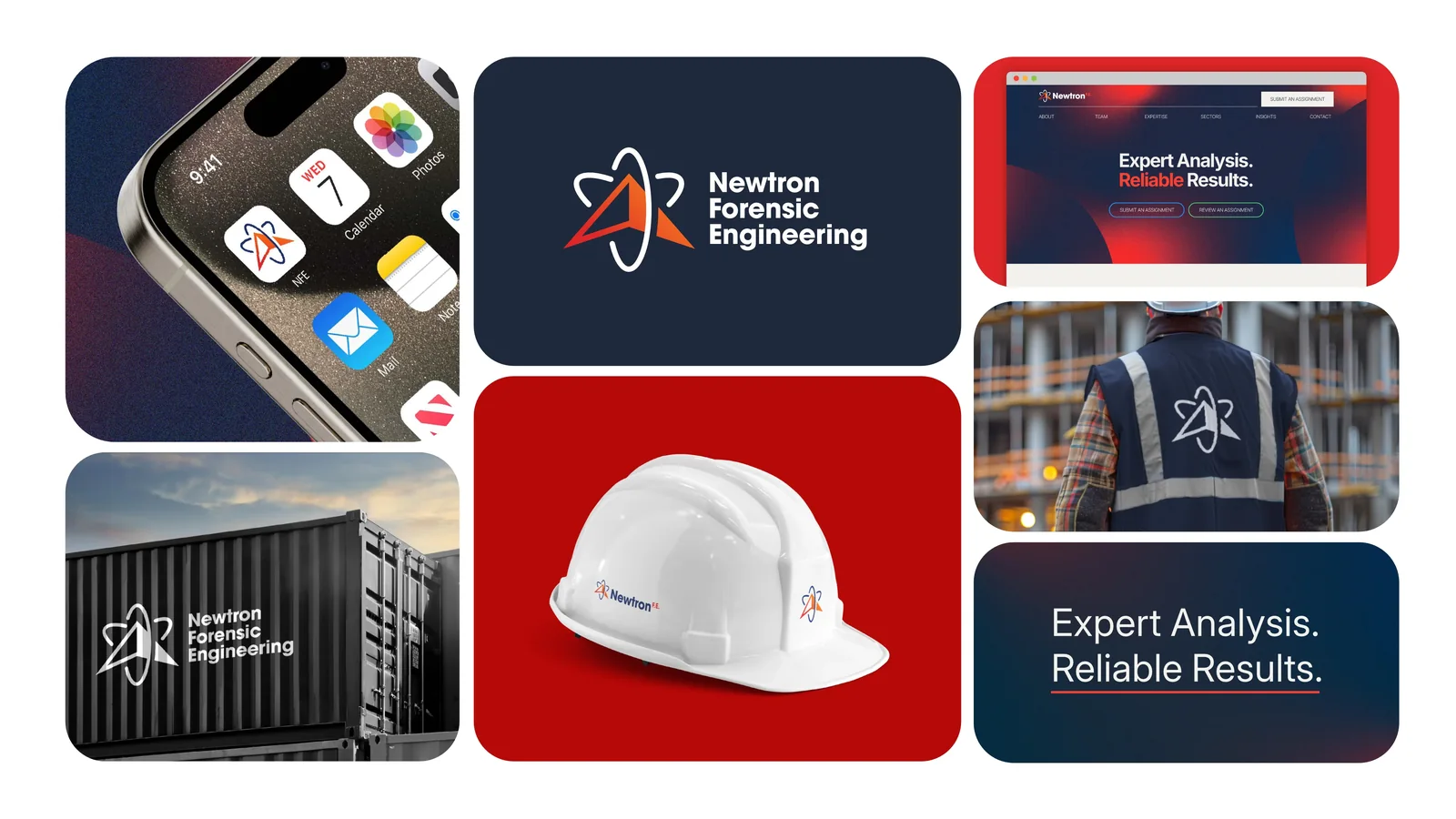 Newtron Forensic Engineering brand applied to phone icon, hard hat, safety vest, shipping container and website