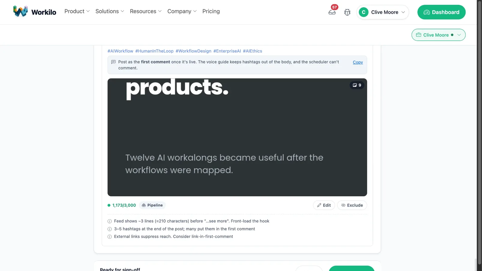 Workilo post preview with hashtags, first-comment note, and the carousel cover