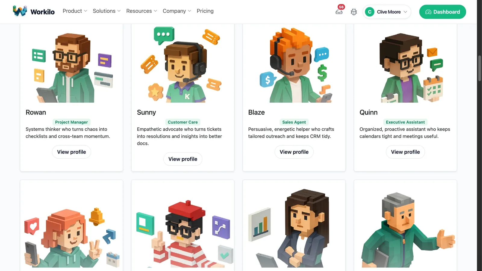 Workilo Workalong roster including Rowan, Sunny, Blaze, Quinn, Amber, Felix, Alex and Clive