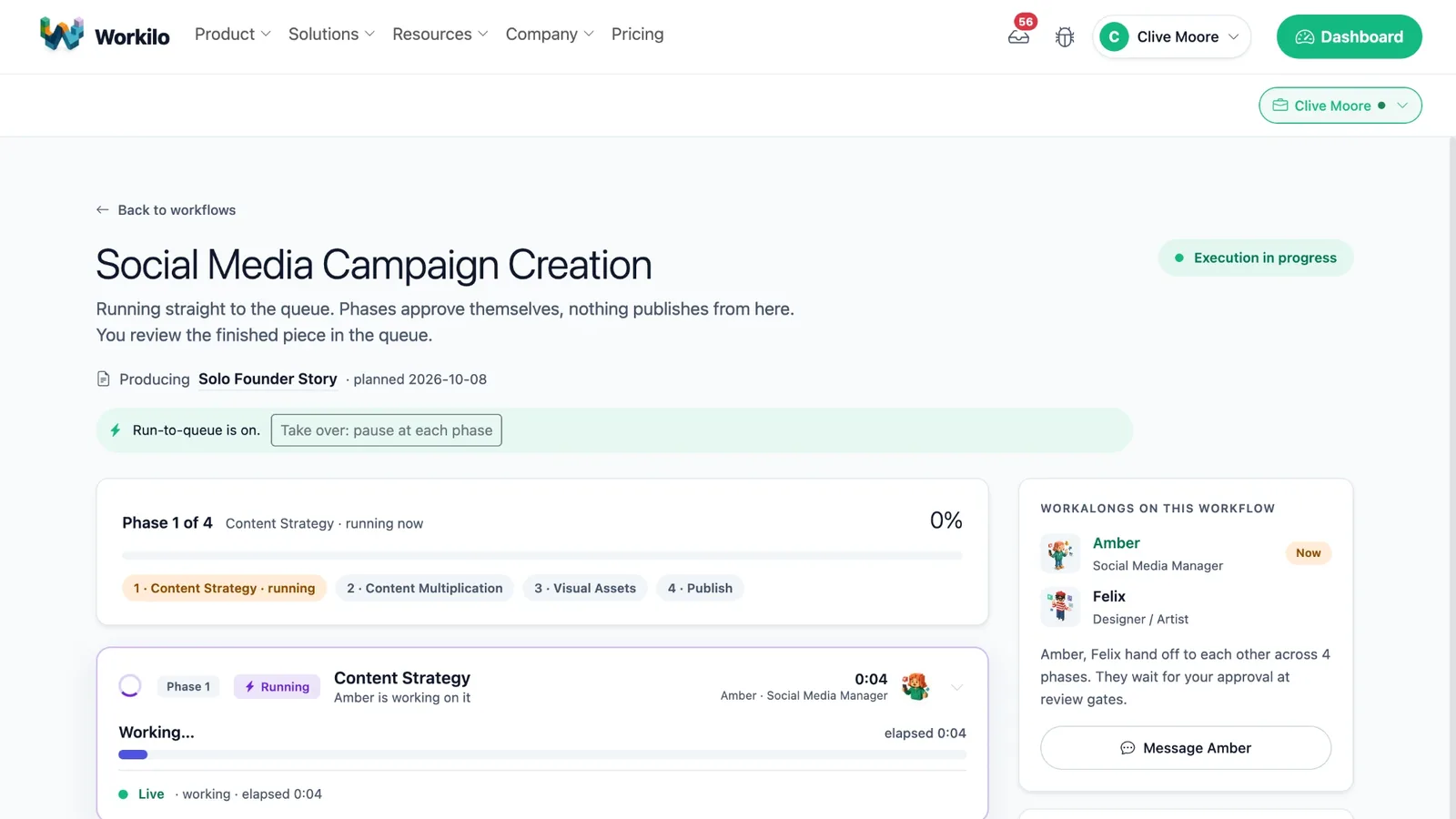 Workilo social media campaign workflow running in four phases with Amber and Felix handing off